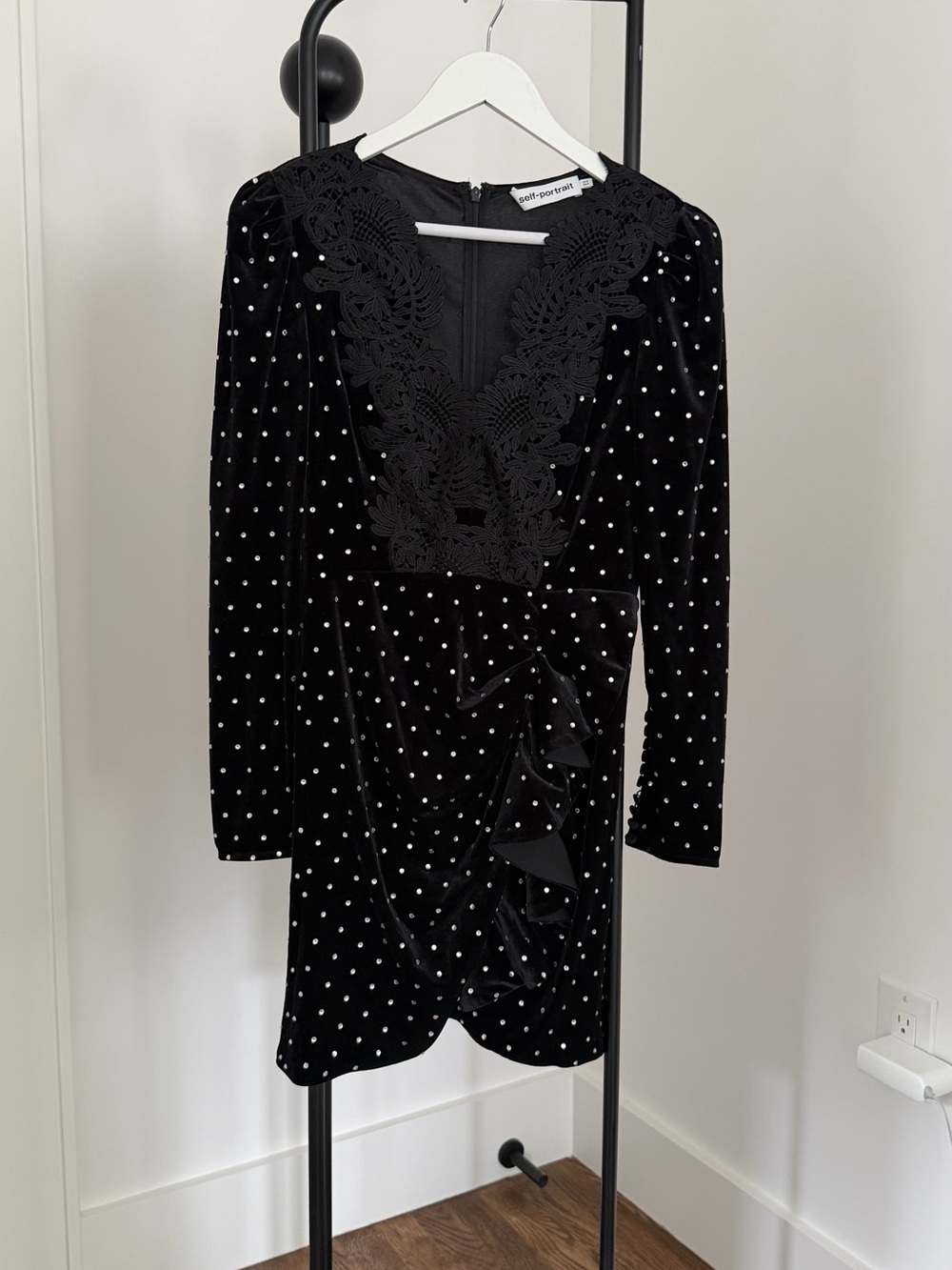 Self-Portrait Black Velvet Polka-Dot Lace-Trim Mini Dress